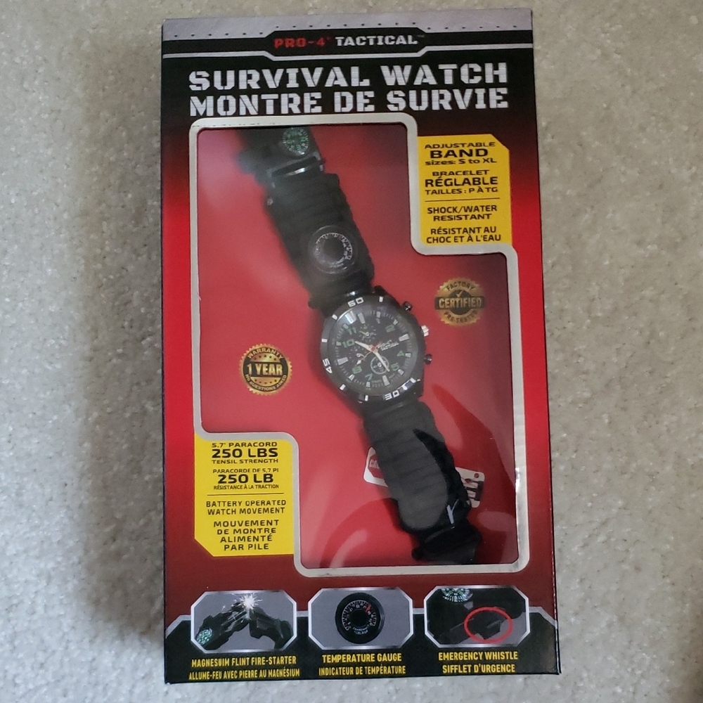 New In Box NWT Tactical Survival Watch With Built In Tools Camping Hiking